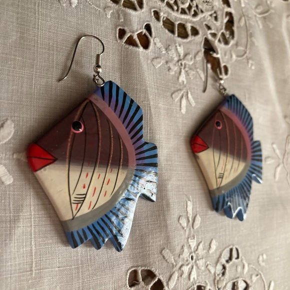 Handcrafted Wooden Fish Earrings Purple & Blue Lightweight Dangle Earrings - Picture 3 of 3